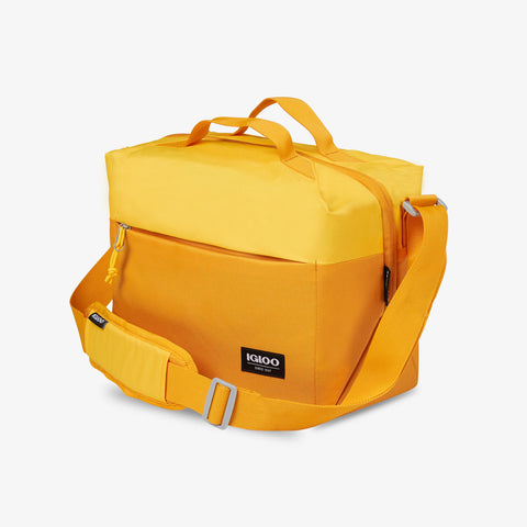 Angle View | FUNdamentals Cube Cooler Bag::Autumn Blaze/Spectra Yellow::Large front zipper pocket