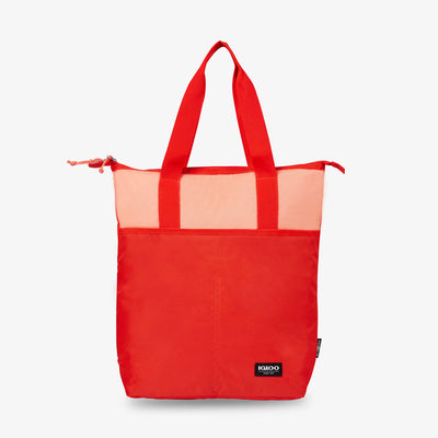 Front View | FUNdamentals Tote Cooler Backpack::Fresh Salmon/Fiesta::Made from recycled water bottles