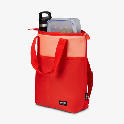 Open View | FUNdamentals Tote Cooler Backpack::Fresh Salmon/Fiesta::Insulated leakproof liner