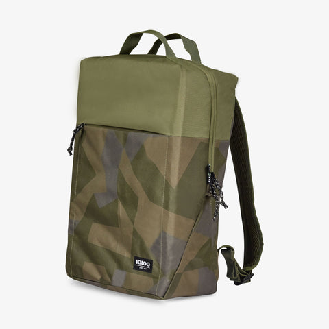 Angle View | FUNdamentals Lotus Cooler Backpack::Swedish Camo::Large front zipper pocket