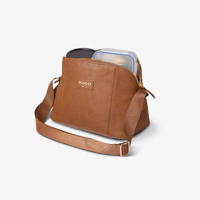 Packed View | Igloo Luxe Crossbody Cooler Bag::Cognac::Insulated lining