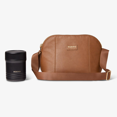 Size View | Igloo Luxe Crossbody Cooler Bag::Cognac::Holds up to 4 cans