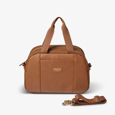 Straps View | Igloo Luxe Satchel Cooler Bag::Cognac::Adjustable shoulder strap