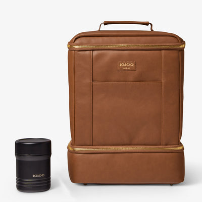Size View | Igloo Luxe Dual Compartment Backpack::Cognac::Holds up to 26 cans