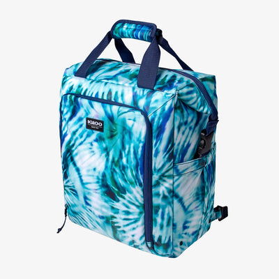 Angle View | Seadrift Switch 30-Can Backpack::Radial Tie-Dye::Front storage pocket