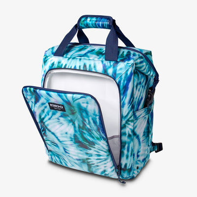 Front Pocket View | Seadrift Switch 30-Can Backpack::Radial Tie-Dye::MaxCold® insulation