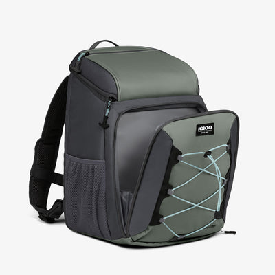 Angle View | MaxCold Voyager 30-Can Backpack::::Hex Bungee™ for carrying more gear