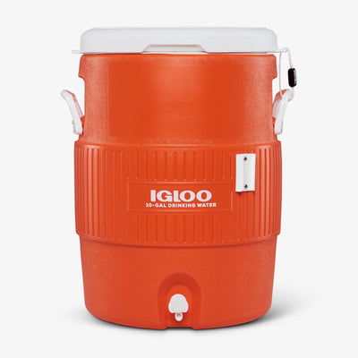 Large View | 10 Gallon Seat Top Water Jug With Cup Dispenser in Orange at Igloo Hard Side Coolers