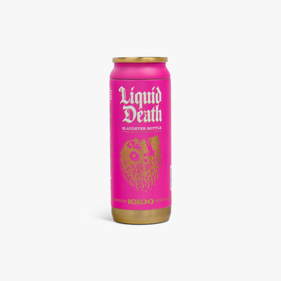 Front View | Liquid Death 16 Oz Slaughter Bottle::Pink::Gold metallic artwork