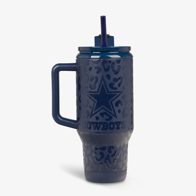 Front View | NFL 32 Oz Leopard Flip ‘n’ Sip Travel Mug::Cowboys::Glossy leopard print & team logo 