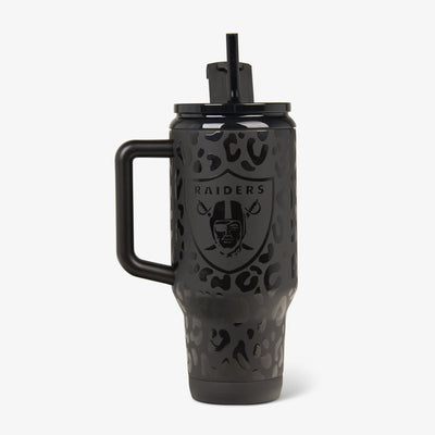 Front View | NFL 32 Oz Leopard Travel Mug::Raiders::Glossy leopard print & team logo 