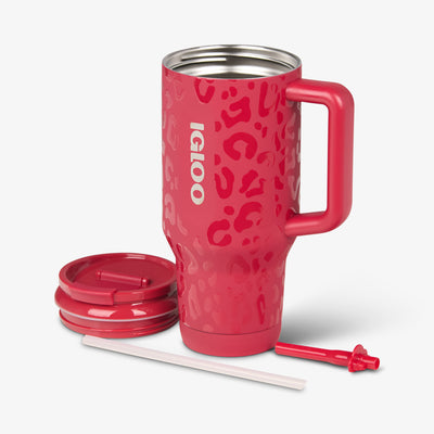 Open View | NFL 32 Oz Leopard Flip ‘n’ Sip Travel Mug::49ers::Double-wall, vacuum-insulated 