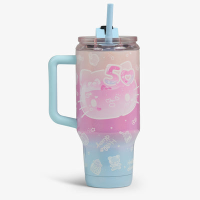 Front View | Hello Kitty® 50th Anniversary 32 Oz Flip ‘n’ Sip Travel Mug::::3D pastel gradient print 
