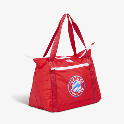 Angle View | FC Bayern München Packable Puffer 20-Can Cooler Bag::::Packs into front zip pocket 