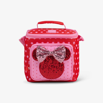 Front View | Disney Minnie Mouse Polka Dots Square Lunch Cooler Bag::::Sequin Minnie Mouse appliqué  