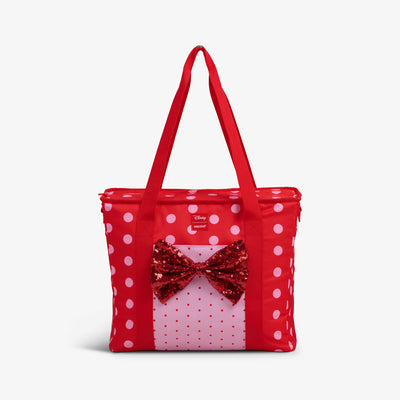 Front View | Disney Minnie Mouse Polka Dots Dual Compartment Tote Cooler Bag::::Sequin Minnie Mouse appliqué  