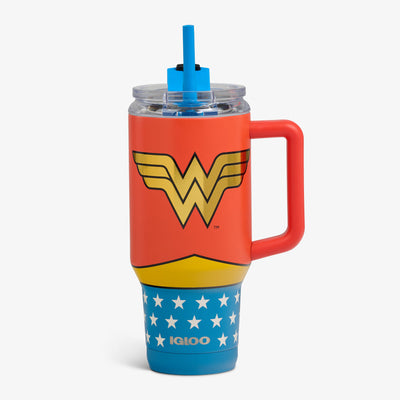Front View | DC Super Heroes Wonder Woman™ 32 Oz Travel Mug::::Gold metallic symbol 