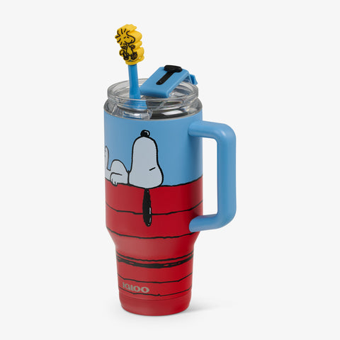Angle View | Snoopy’s Doghouse 32 Oz Travel Mug::::Woodstock straw topper 