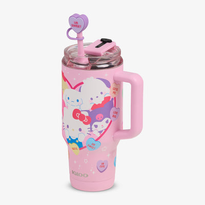 Angle View | Hello Kitty® and Friends x Sweethearts® Candies 32 Oz Travel Mug::::Matte 3D character print 
