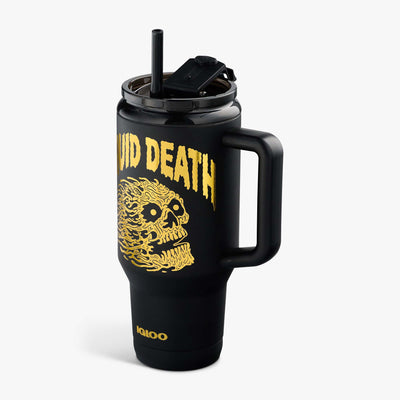 Angle View | Liquid Death 32 Oz Cold-Blooded Travel Mug::::Matte black body