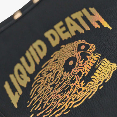 Details View | Liquid Death Coffin Crossbody Cooler Bag::::Metallic gold/iridescent artwork