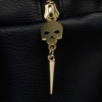 Zipper View | Liquid Death Coffin Crossbody Cooler Bag::::Skull & dagger zipper pulls