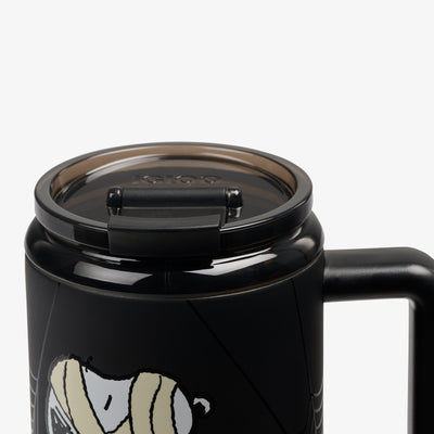 Lid Closed View | Snoopy Mummy 32 Oz Travel Mug::::Leakproof flip ‘n’ sip lid