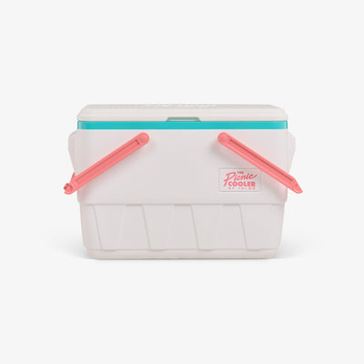 Handle Down View | Retro Picnic Basket 25 Qt Cooler::White::THERMECOOL™ Insulation