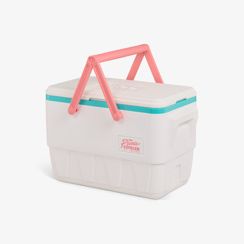 Angle View | Retro Picnic Basket 25 Qt Cooler::White::Molded-in side handles