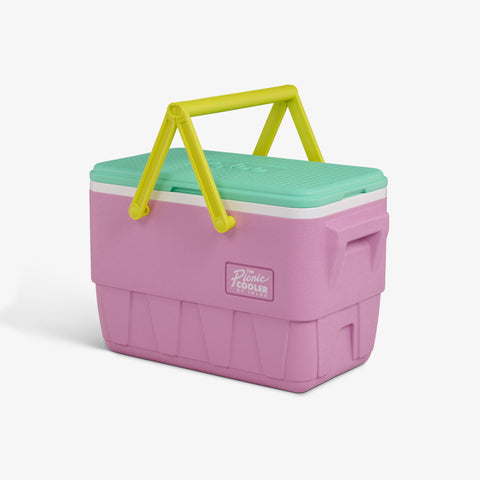 Angle View | Retro Picnic Basket 25 Qt Cooler::Tea Rose::Molded-in side handles