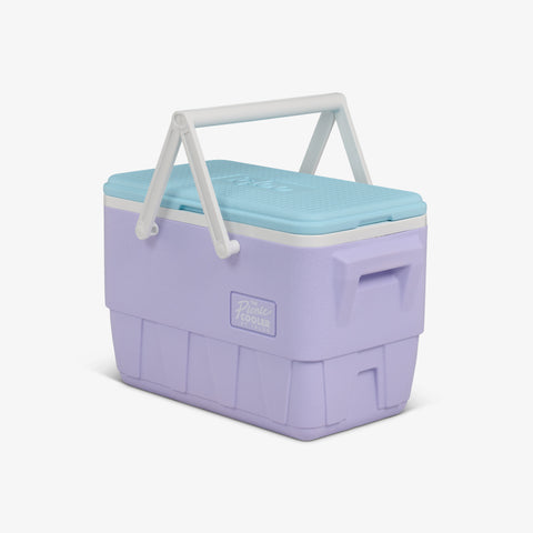 Angle View | Retro Picnic Basket 25 Qt Cooler::Lilac::Molded-in side handles