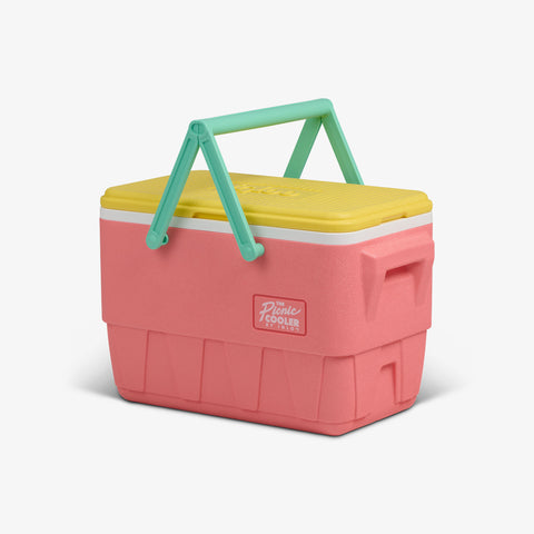 Angle View | Retro Picnic Basket 25 Qt Cooler::Flamingo::Molded-in side handles