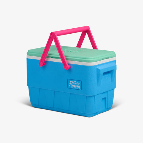 Angle View | Retro Picnic Basket 25 Qt Cooler::Carolina Blue::Molded-in side handles