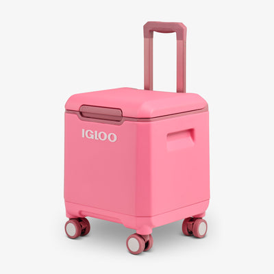 Angle View | Tag Along Too Spinner Cooler::Thrift Pink::Telescoping handle 