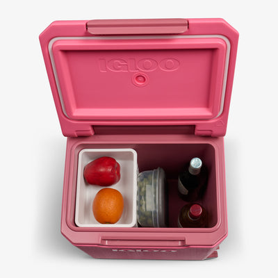 Interior View | Tag Along Too Spinner Cooler::Thrift Pink::Snack basket & drink tub 