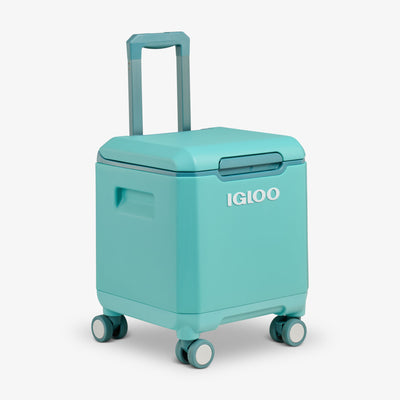 Angle View | Tag Along Too Spinner Cooler::Lagoon Teal::Wheel locks