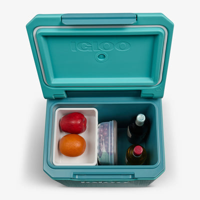 Interior View | Tag Along Too Spinner Cooler::Lagoon Teal::Snack basket & drink tub 