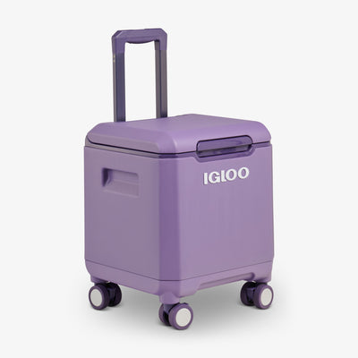 Angle View | Tag Along Too Spinner Cooler::Dusted Grape::Wheel locks 
