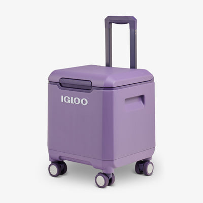 Angle View | Tag Along Too Spinner Cooler::Dusted Grape::Telescoping handle 