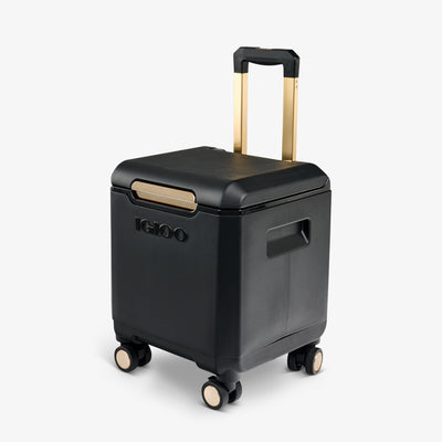 Angle View | Tag Along Too Spinner Cooler::Luxe Black::Telescoping handle