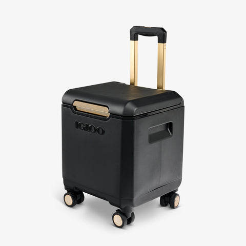 Angle View | Tag Along Too Spinner Cooler::Luxe Black::Telescoping handle