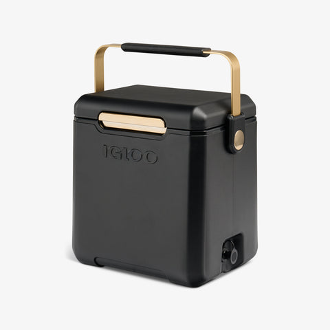 Angle View | Tag Along Too Highrise Cooler::Luxe Black::One-touch lid latch