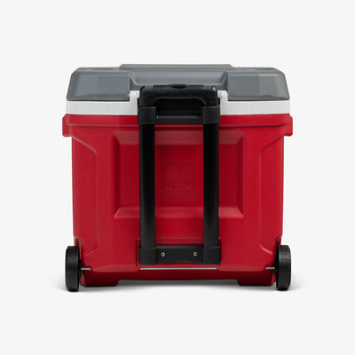 Back View | Latitude 30 Qt Roller Cooler::Red::Sturdy wheels 