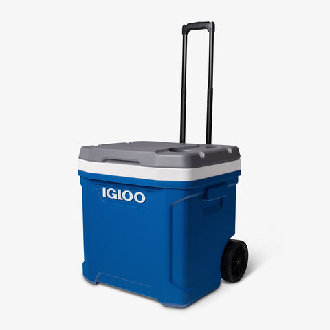 Angle View | Latitude 60 Qt Roller Cooler::Blue::Cup holders 