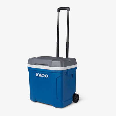 Angle View | Latitude 30 Qt Roller Cooler::Blue::Cup holders 