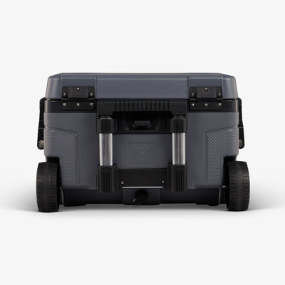 Back View | Trailmate 52 Qt Roller Cooler::Carbonite::Drain plug