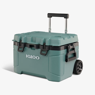 Angle View | Trailmate 52 Qt Roller Cooler::Spruce::Dual-sized cup holders