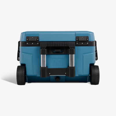 Back View | Trailmate 52 Qt Roller Cooler::Modern Blue::Drain plug