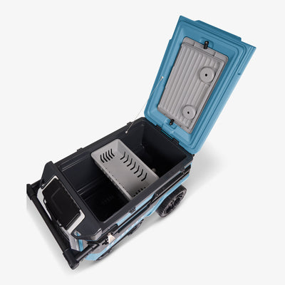 Open View | Trailmate® Journey 70 Qt Cooler::Modern Blue::Butler tray stores underneath lid