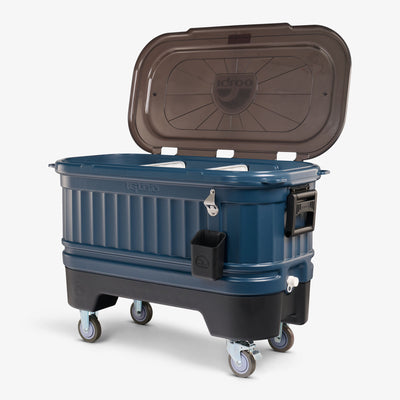 Angle View | Party Bar 125 Qt Cooler::Rugged Blue::Elevated base